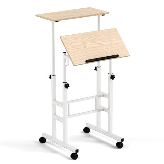 Height-adjustable Mobile Standing Desk with Split Top and Adjustable Angle-Natural