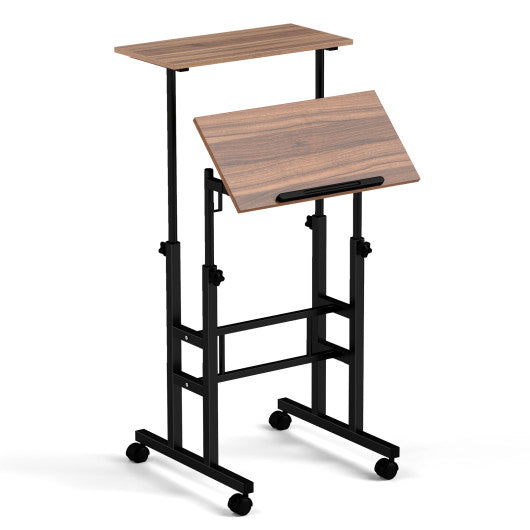 Height-adjustable Mobile Standing Desk with Split Top and Adjustable Angle-Walnut