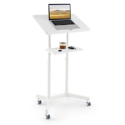 Mobile Lectern Podium Height-adjustable Rolling Laptop Cart with Tilting Top Storage Tray-White