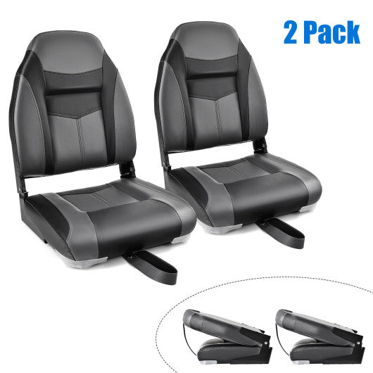 High Back Folding Boat Seats with Black Grey Sponge Cushion and Flexible Hinges-Set of 2