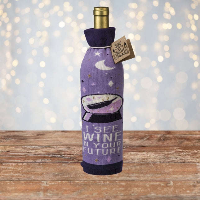 I See Wine In Your Future Knit Bottle Sock in Purple | Reusable Gift Bag for Gifting Wine by The Bullish Store