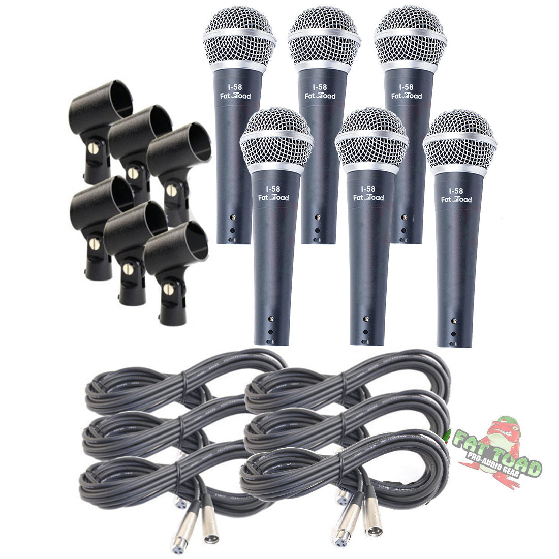 Cardioid Vocal Microphones with XLR Mic Cables & Clips (6 Pack) by FAT TOAD - Dynamic Handheld, Unidirectional for Studio Recording, Live Stage by GeekStands.com