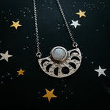 Moon Goddess Necklace - Moon Phases Rainbow Moonstone Pendant by Yugen Handmade