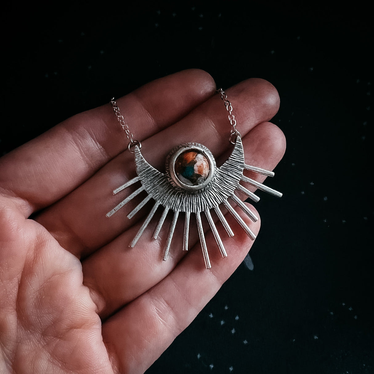 Sun Goddess Necklace - Sun Pendant with Copper Oyster Turquoise by Yugen Handmade