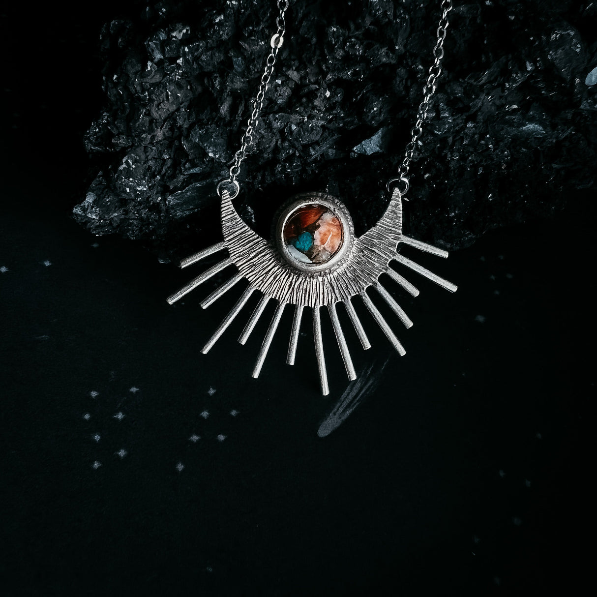 Sun Goddess Necklace - Sun Pendant with Copper Oyster Turquoise by Yugen Handmade