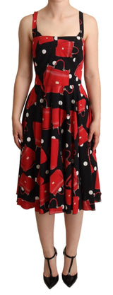 Black Red Bag Print A-line Mid Length Dress by Faz