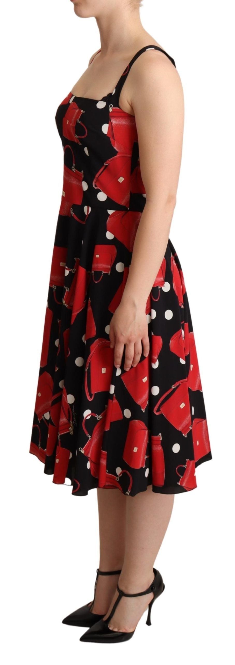 Black Red Bag Print A-line Mid Length Dress by Faz