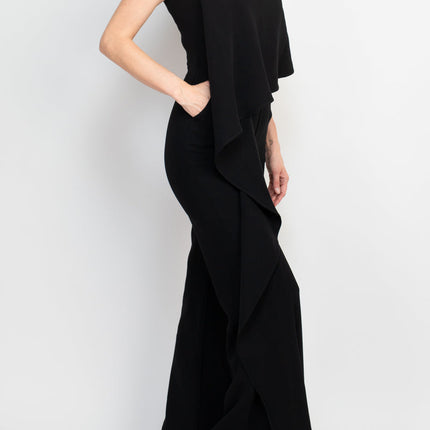 Jovani Ruffle trim sleeveless high waist one-piece scoop neck crepe jumpsuit by Curated Brands
