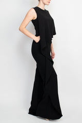 Jovani Ruffle trim sleeveless high waist one-piece scoop neck crepe jumpsuit by Curated Brands