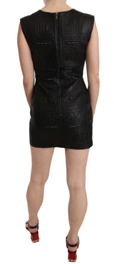 Black Leather Studded Mini Shift Dress by Faz