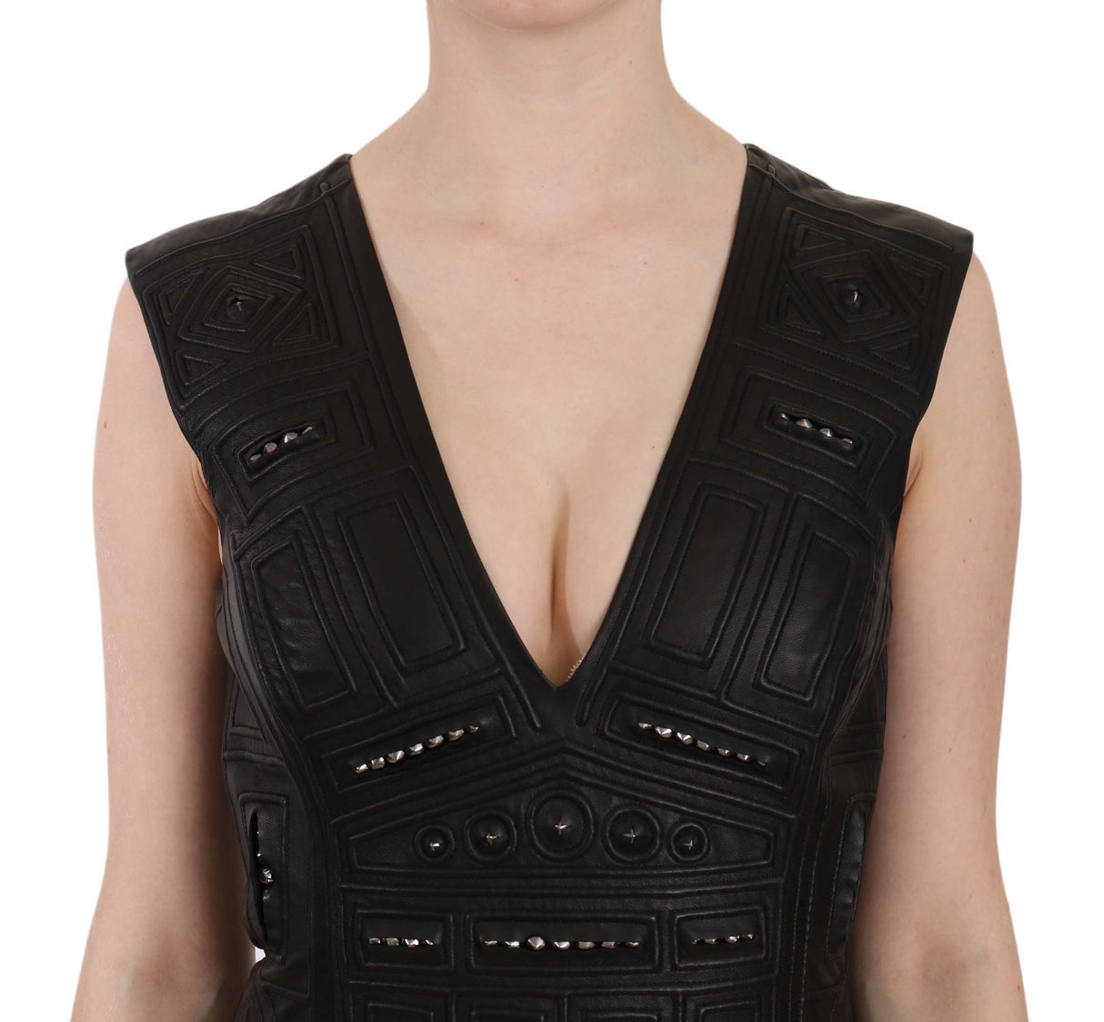 Black Leather Studded Mini Shift Dress by Faz