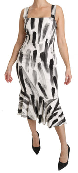 White Black Printed Sheath Midi Viscose Dress by Faz