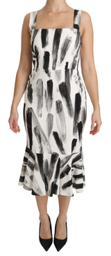 White Black Printed Sheath Midi Viscose Dress by Faz