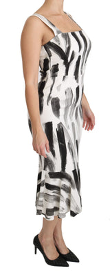 White Black Printed Sheath Midi Viscose Dress by Faz