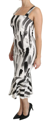 White Black Printed Sheath Midi Viscose Dress by Faz