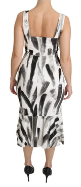 White Black Printed Sheath Midi Viscose Dress by Faz