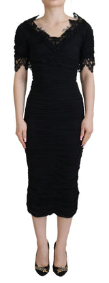 Black Sheath Midi Bodycon Lace Silk Dress by Faz