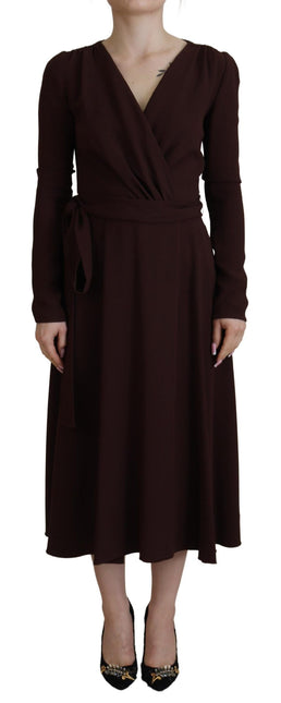 Brown Wrap Long Sleeve Midi Stretch Dress by Faz