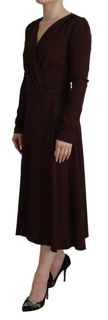 Brown Wrap Long Sleeve Midi Stretch Dress by Faz