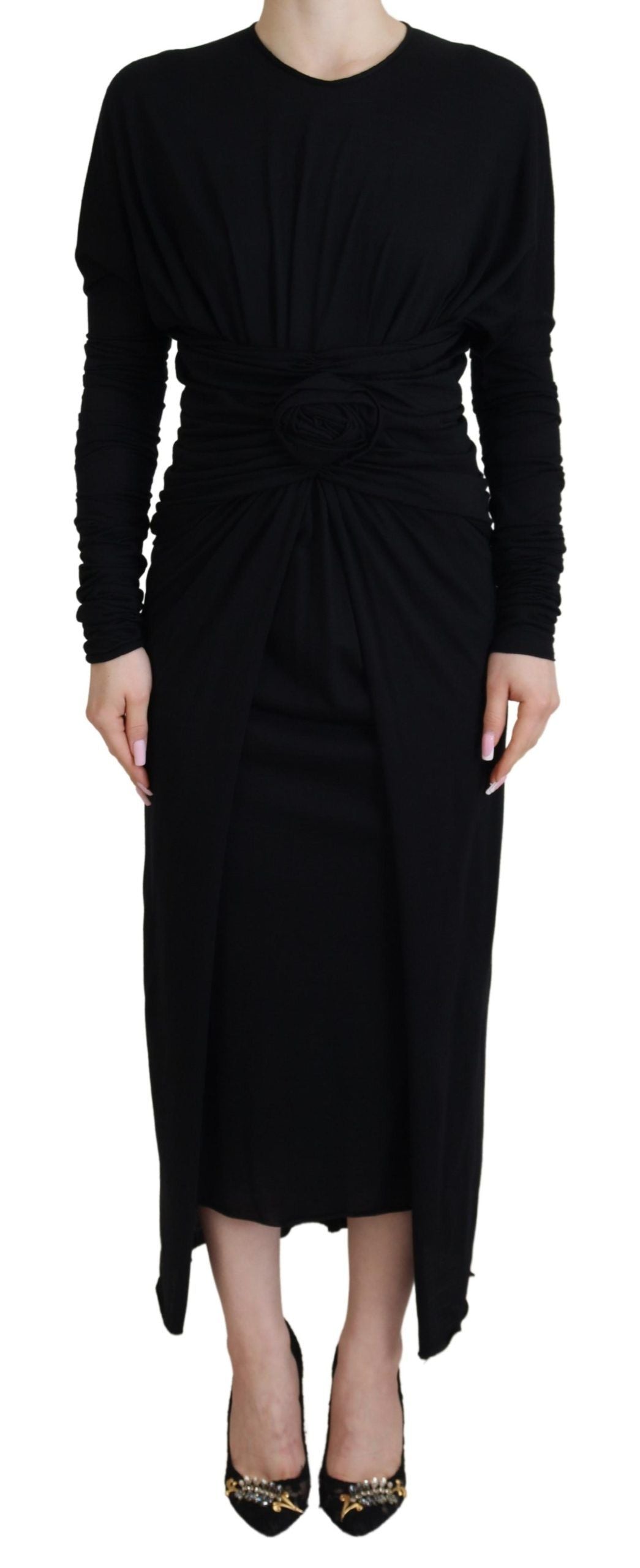 Black Sheath Midi Gown Wool Wrap Dress by Faz