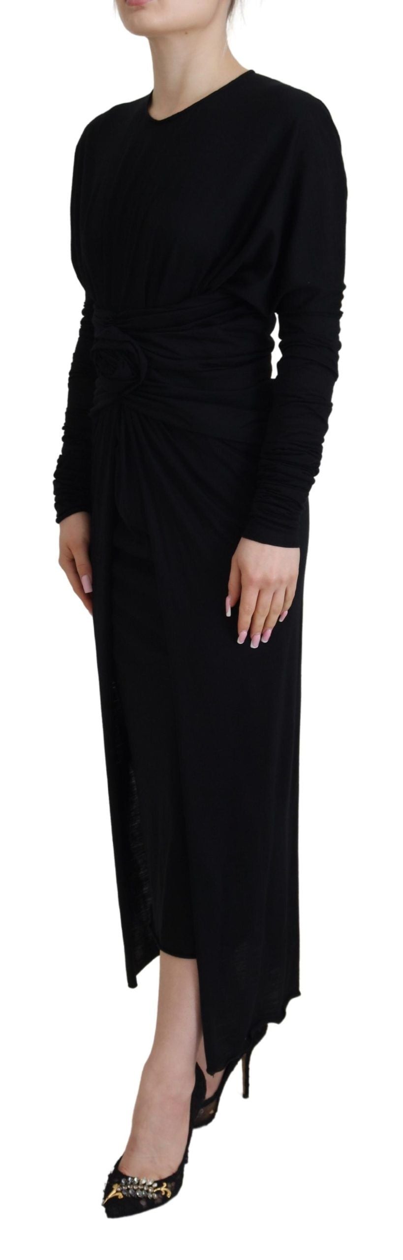 Black Sheath Midi Gown Wool Wrap Dress by Faz