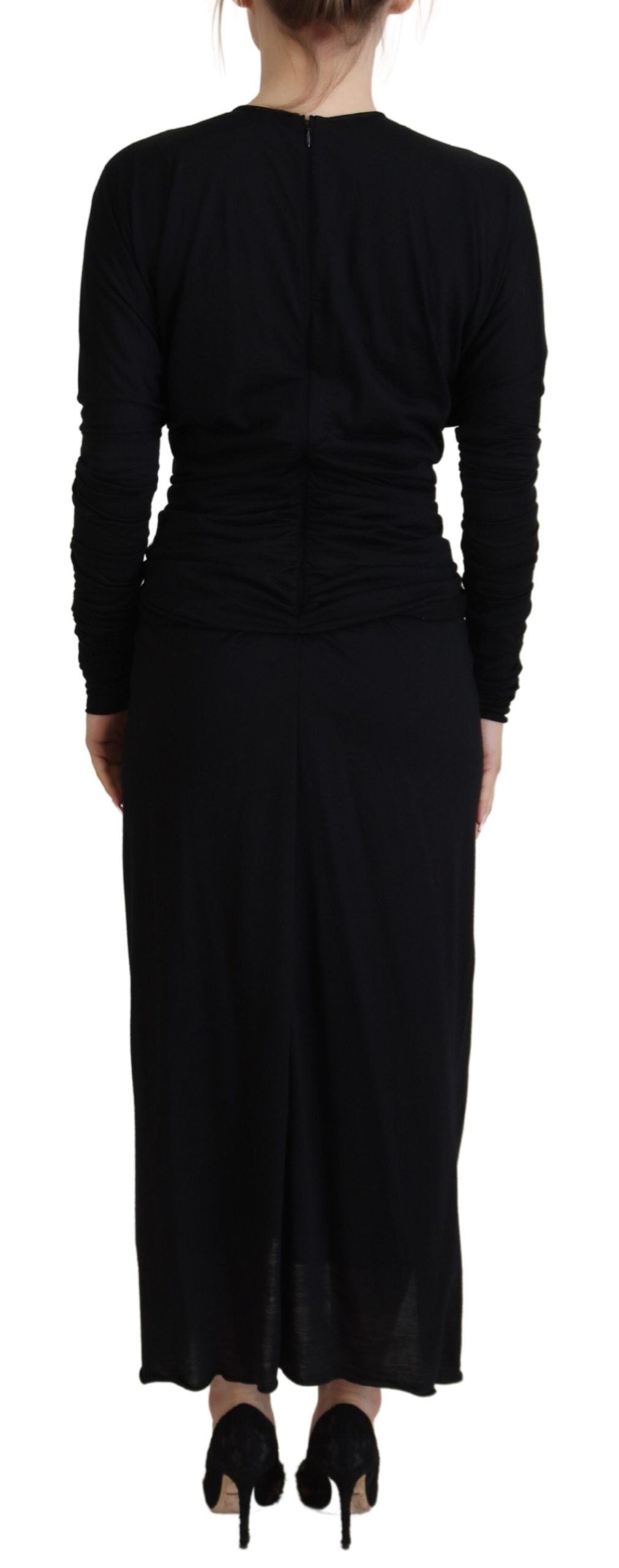 Black Sheath Midi Gown Wool Wrap Dress by Faz