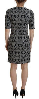 Black Gray Jacquard Sheath Bodycon Dress by Faz