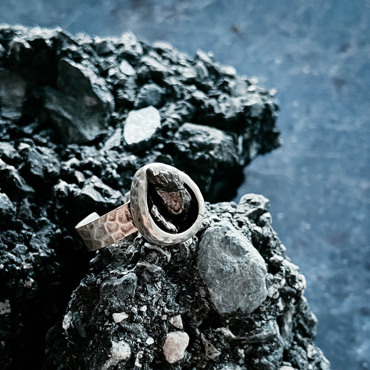 Chunky Teardrop Raw Meteorite Ring in Silver by Yugen Handmade