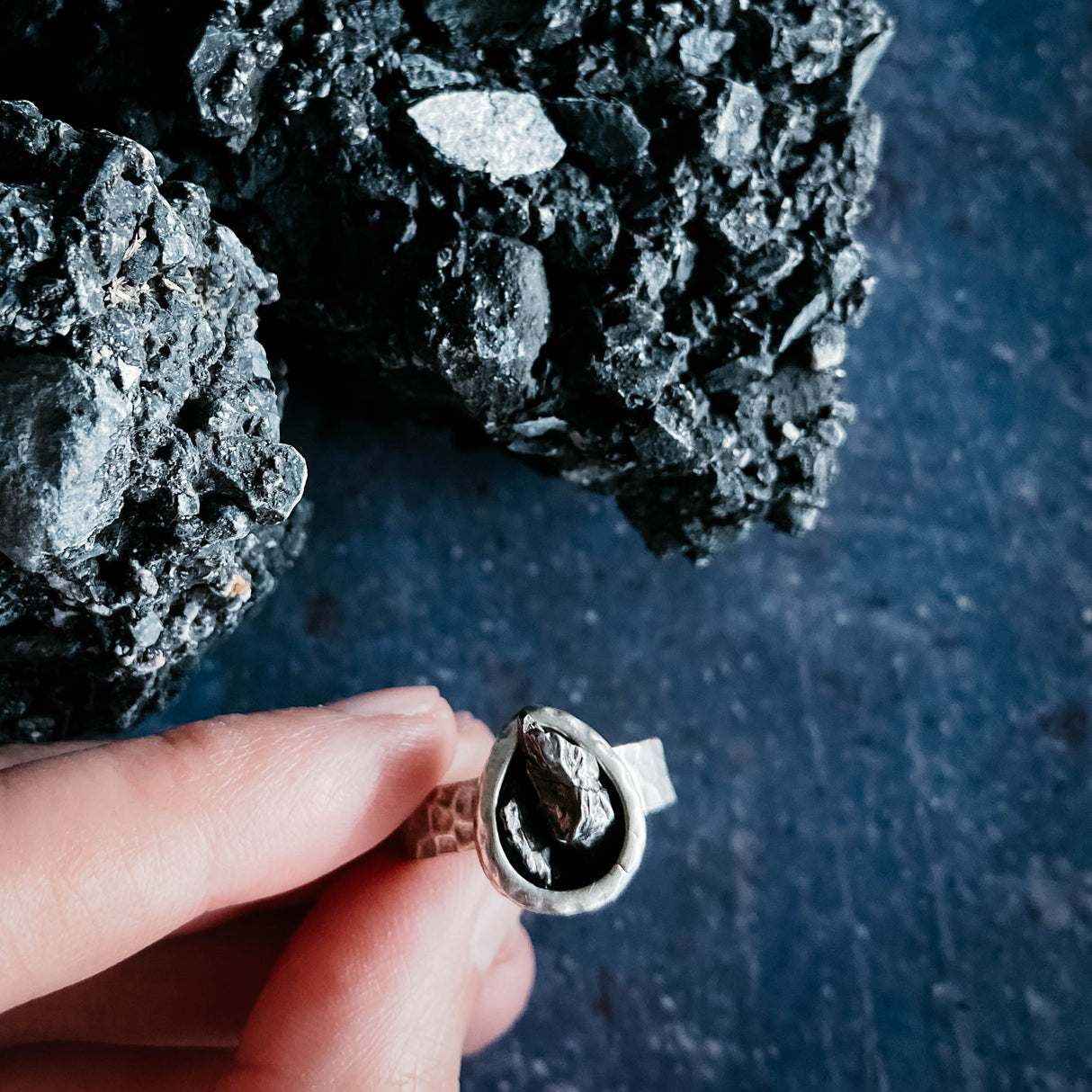 Chunky Teardrop Raw Meteorite Ring in Silver by Yugen Handmade