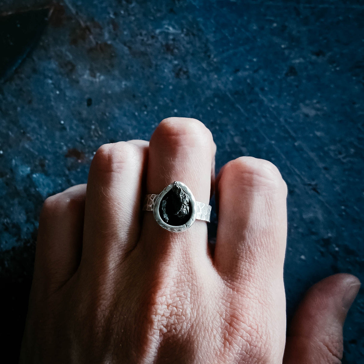 Chunky Teardrop Raw Meteorite Ring in Silver by Yugen Handmade