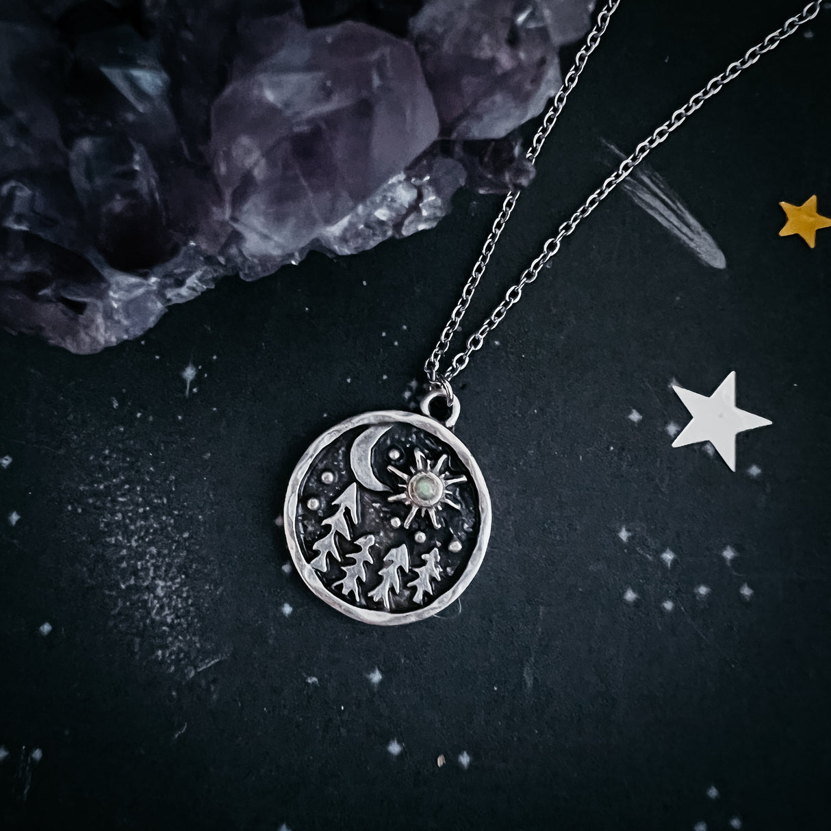 Starry Forest Night Pendant Necklace with Opal by Yugen Handmade