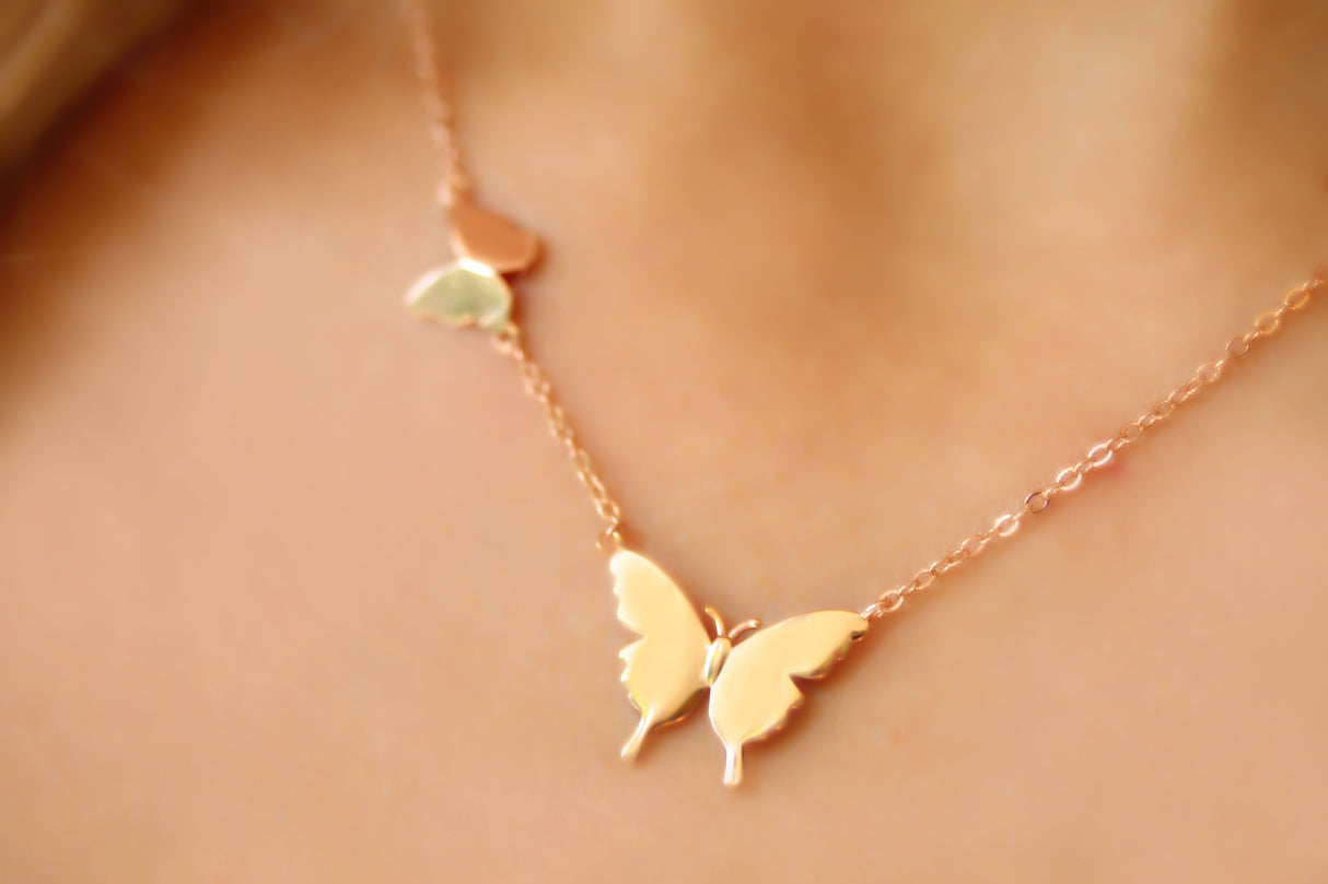 Butterfly Necklace, 14k Gold necklace, Double Butterfly Chain, Charm Pendant, Butterfly pendant by Gemsandkarats