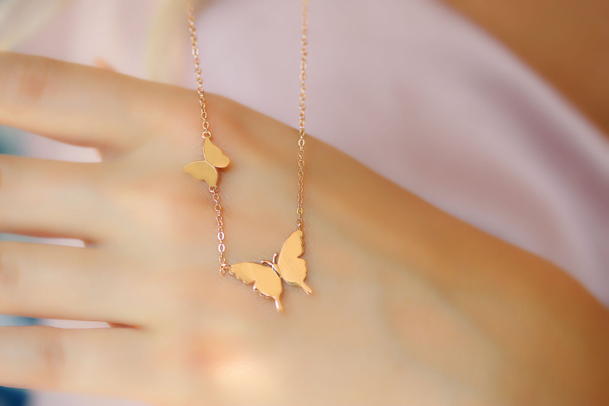 Butterfly Necklace, 14k Gold necklace, Double Butterfly Chain, Charm Pendant, Butterfly pendant by Gemsandkarats