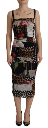 Multicolor Pachwork Midi Floral Silk Leopard Bodycon Dress by Faz