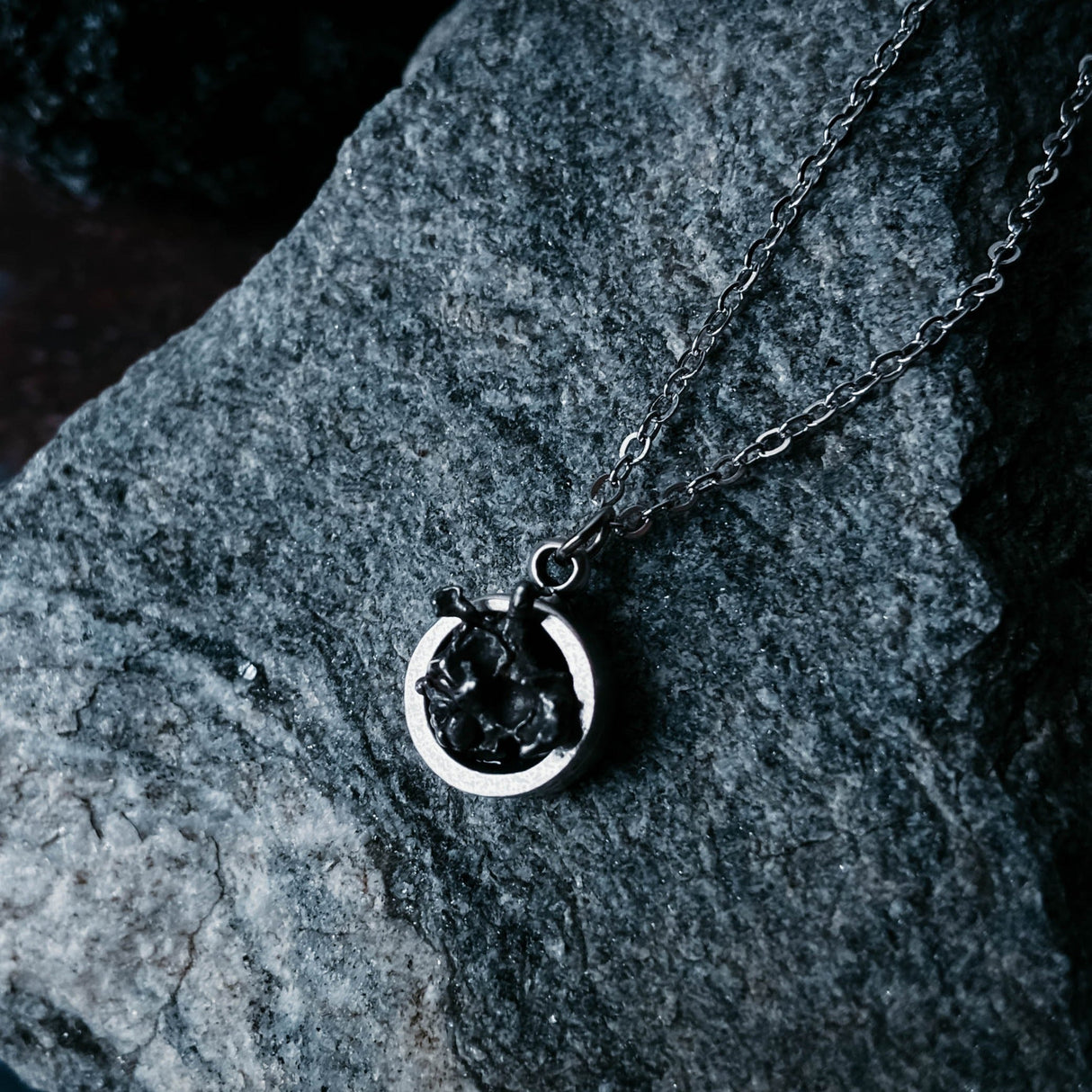 Small Round Meteorite Pendant Necklace in Matte Brushed Silver by Yugen Handmade