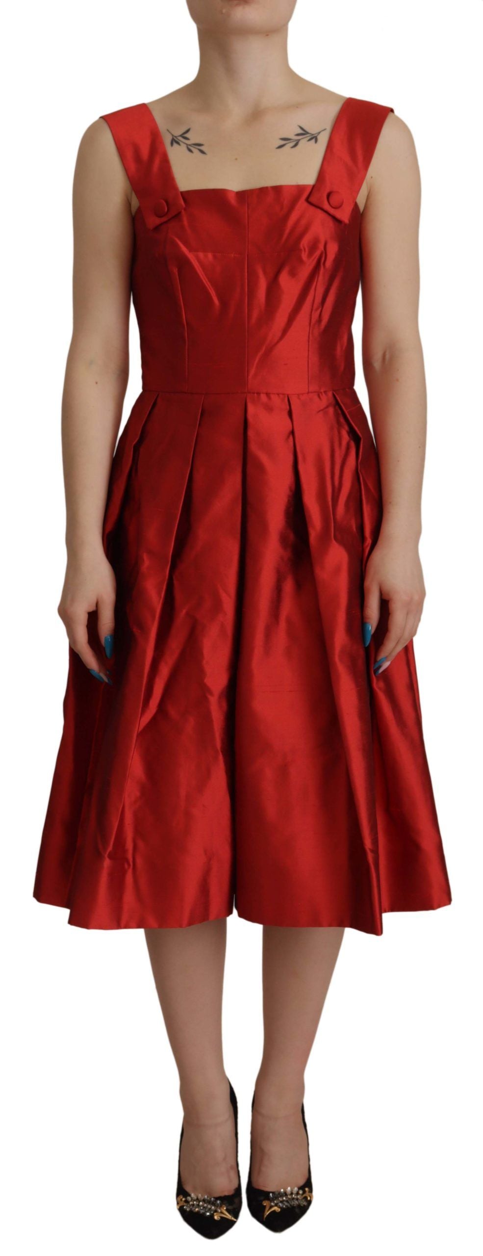 Red A-line Pleated Satin Silk Dress by Faz