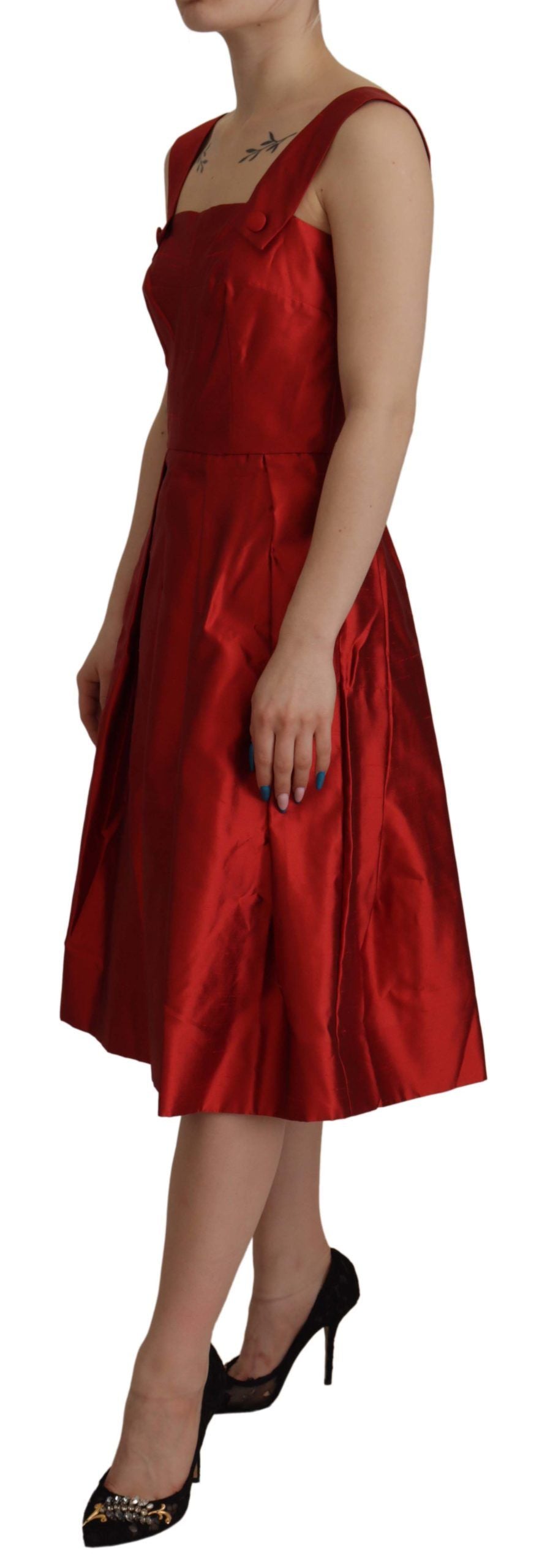 Red A-line Pleated Satin Silk Dress by Faz