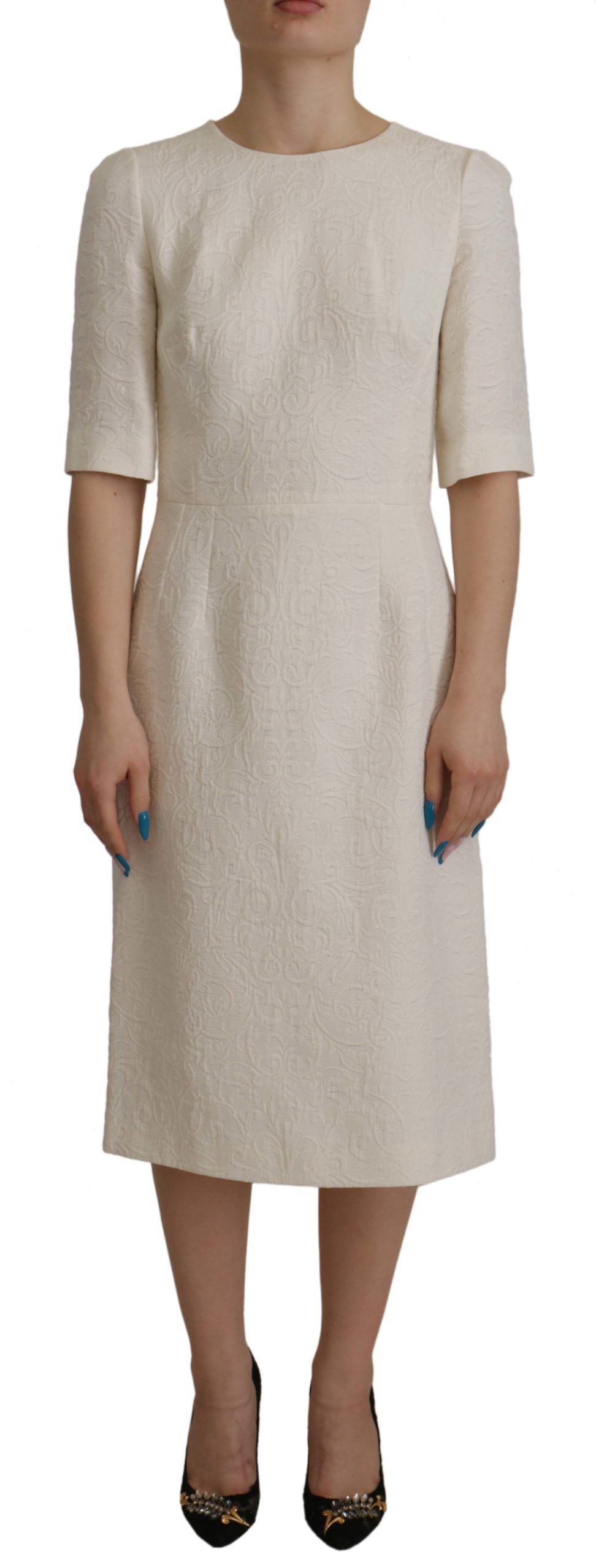 White Jaquard Midi Floral Sheath Brocade Dress by Faz