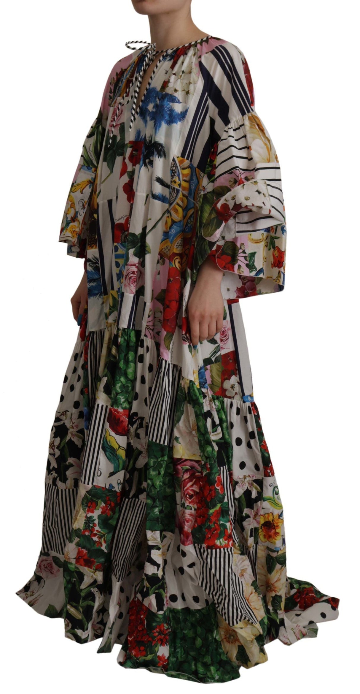 Multicolor Maxi Kaftan Patchwork Poplin Floral Dress by Faz