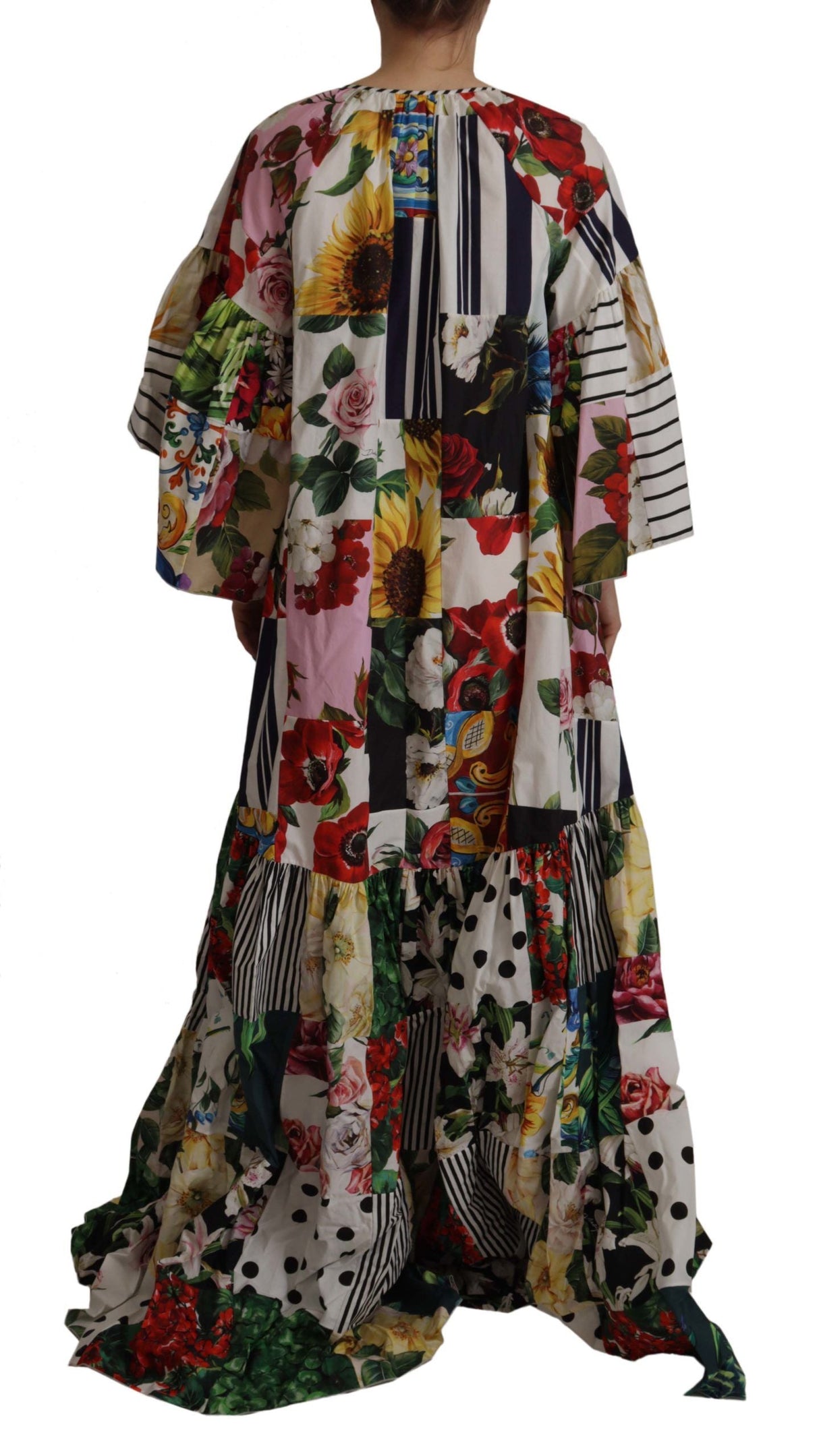 Multicolor Maxi Kaftan Patchwork Poplin Floral Dress by Faz