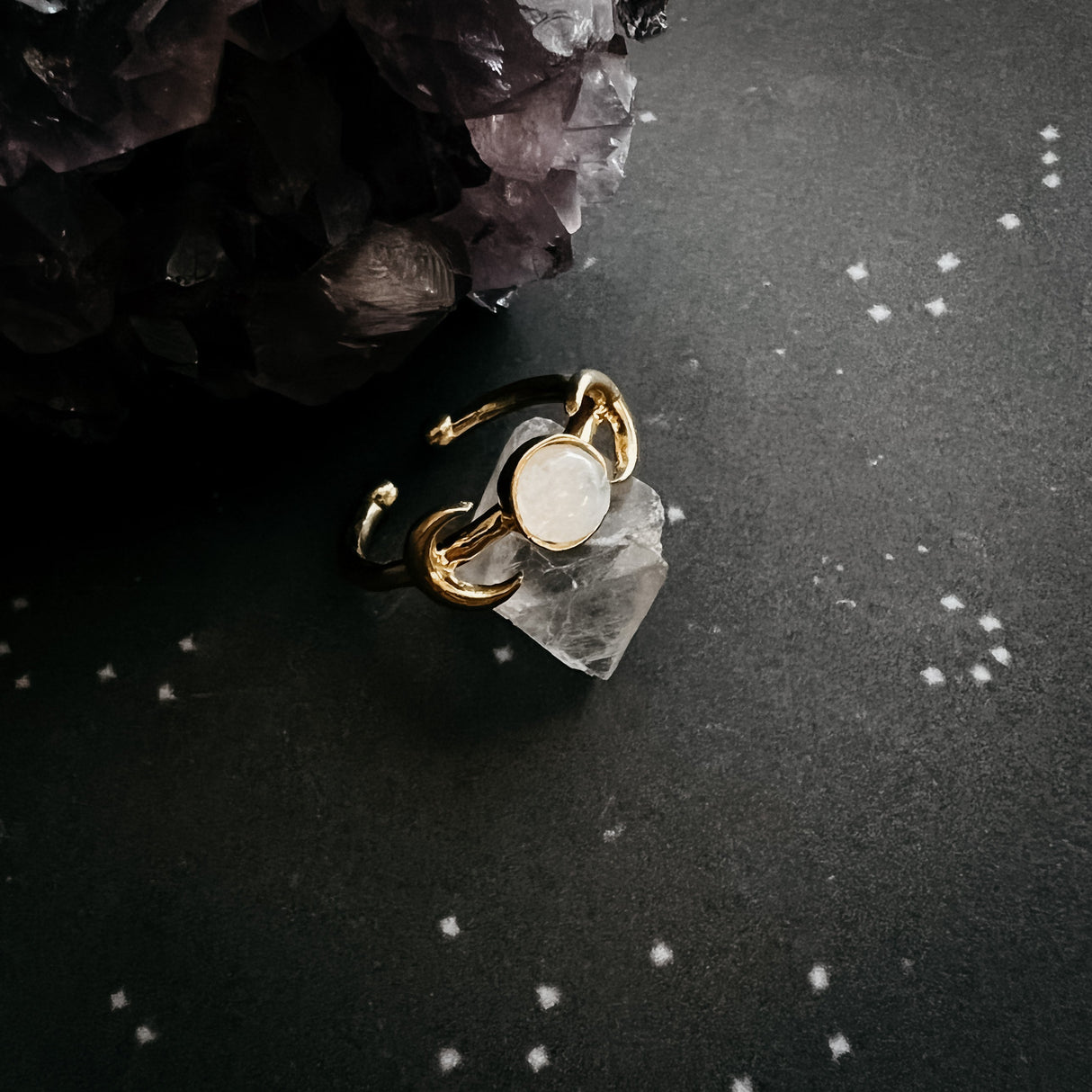 Lunar Witch Crescent Moon Ring with Rainbow Moonstone by Yugen Handmade