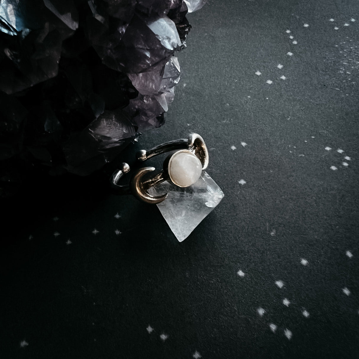 Lunar Witch Crescent Moon Ring with Rainbow Moonstone by Yugen Handmade