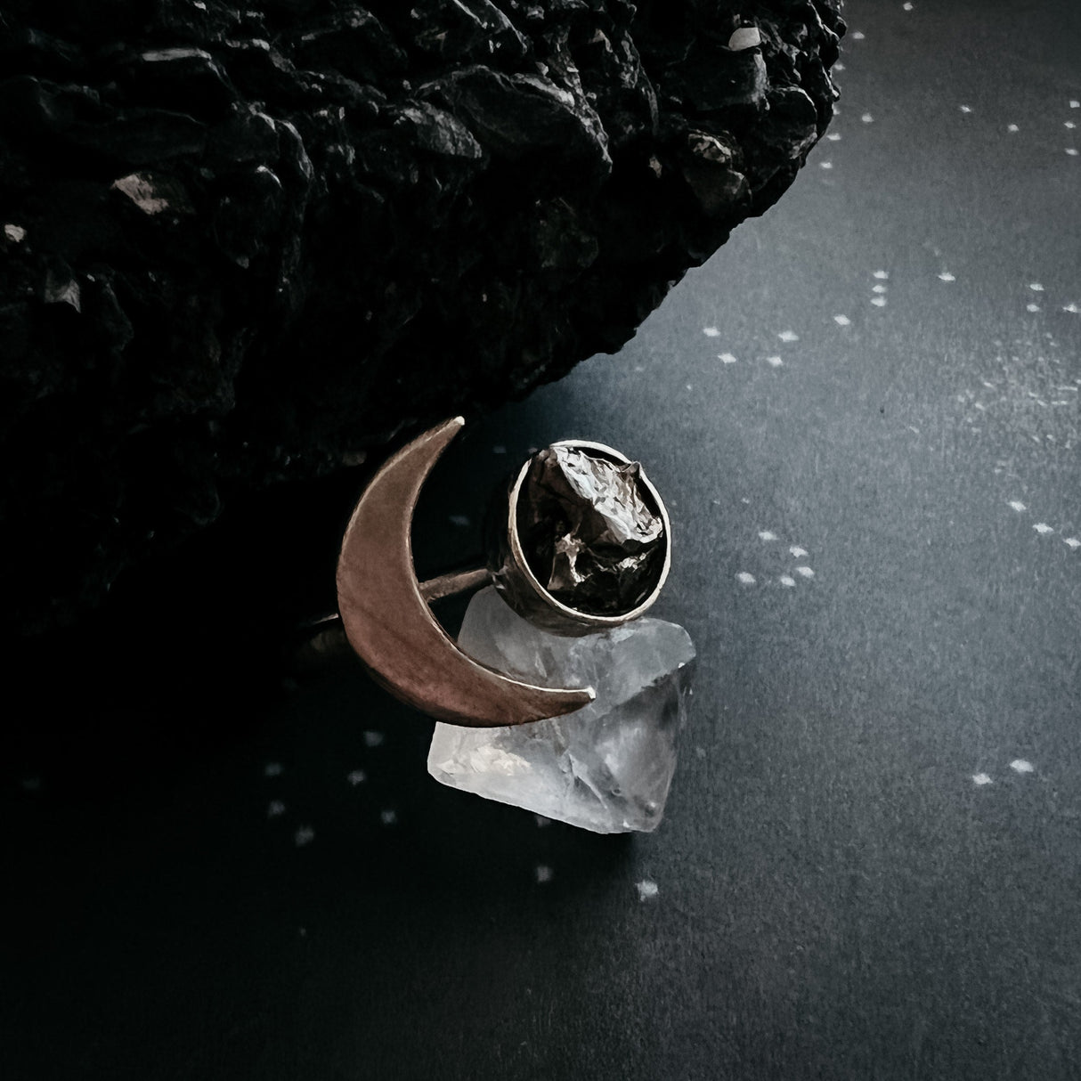 Crescent Moon Wrap Ring with Authentic Meteorite by Yugen Handmade