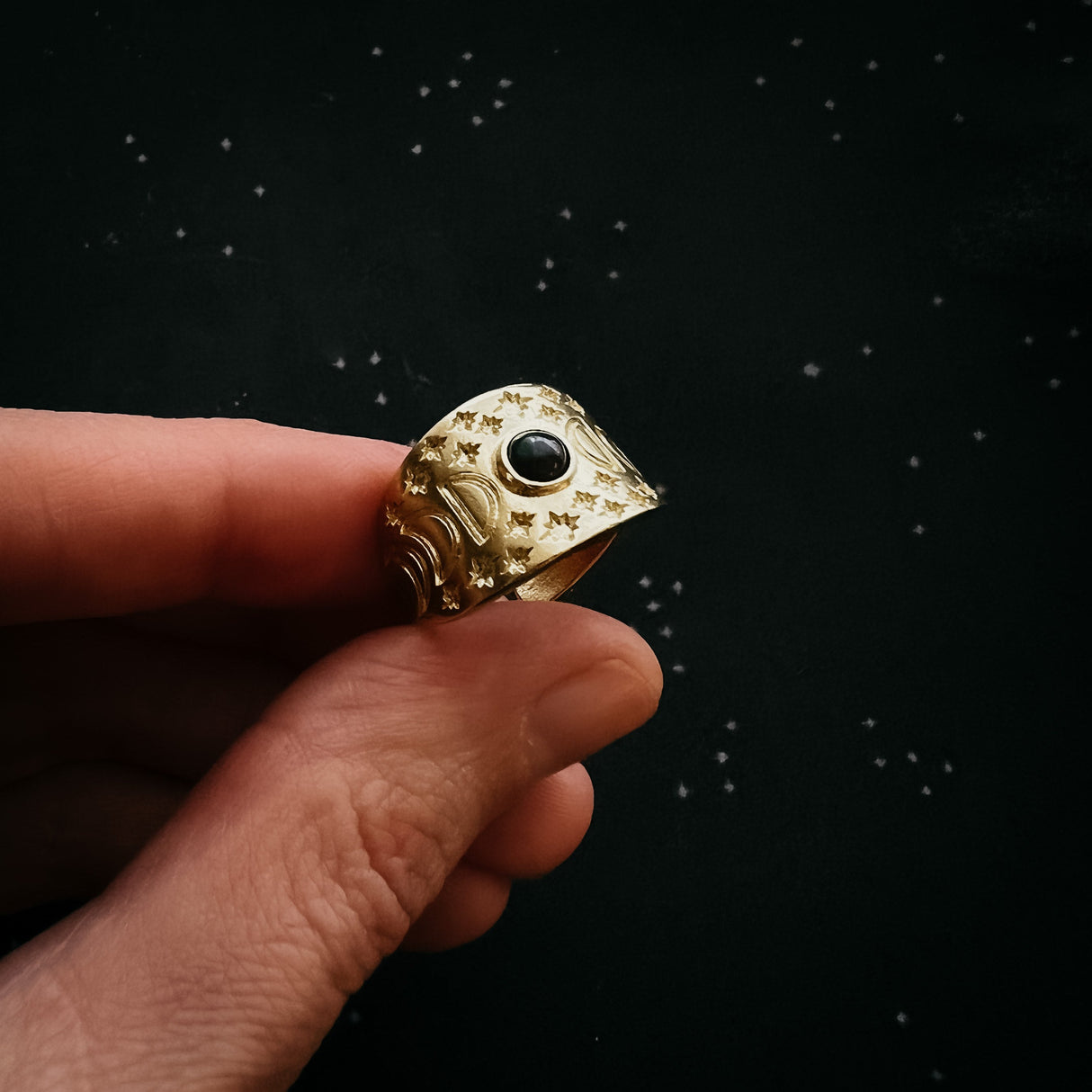 Eclipse Ring with Moon Phases and Black Opal by Yugen Handmade