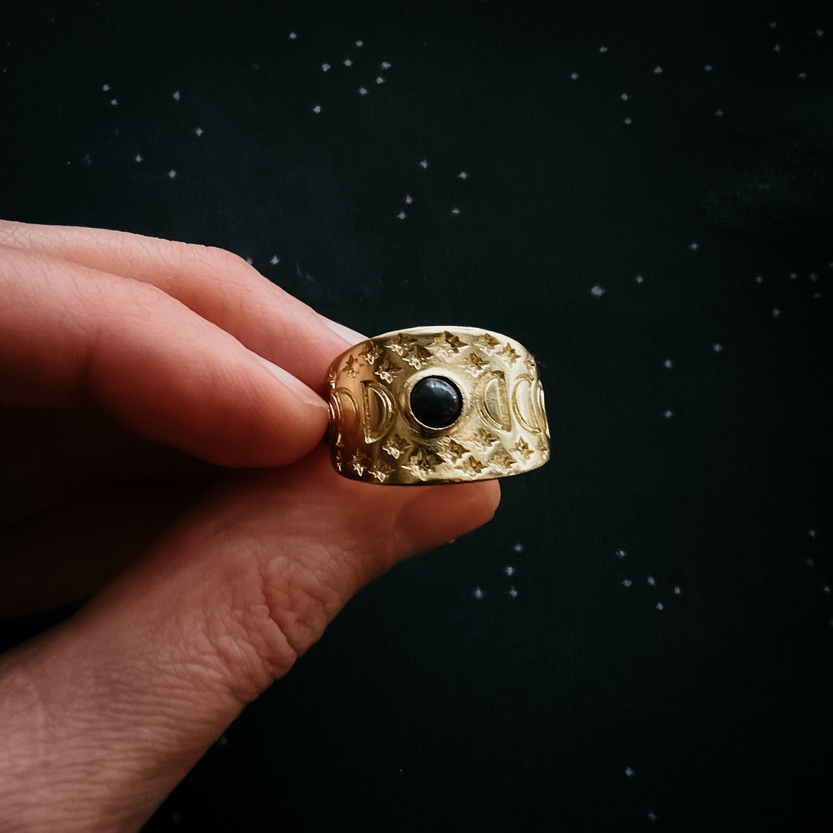 Eclipse Ring with Moon Phases and Black Opal by Yugen Handmade