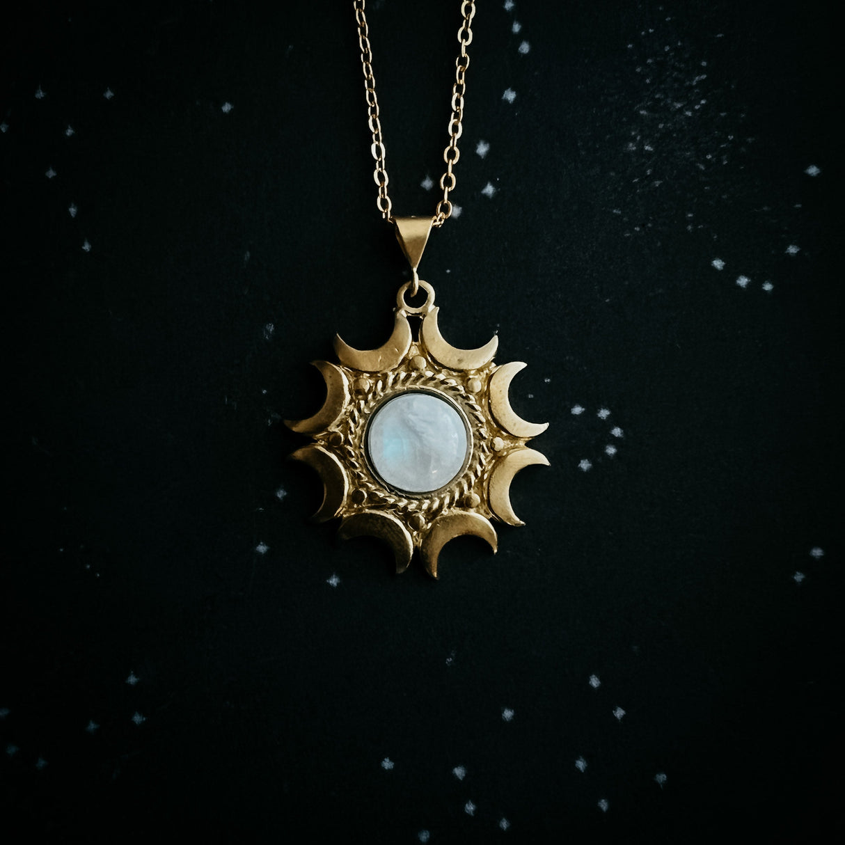 Lunar Witch Necklace - Rainbow Moonstone Pendant by Yugen Handmade