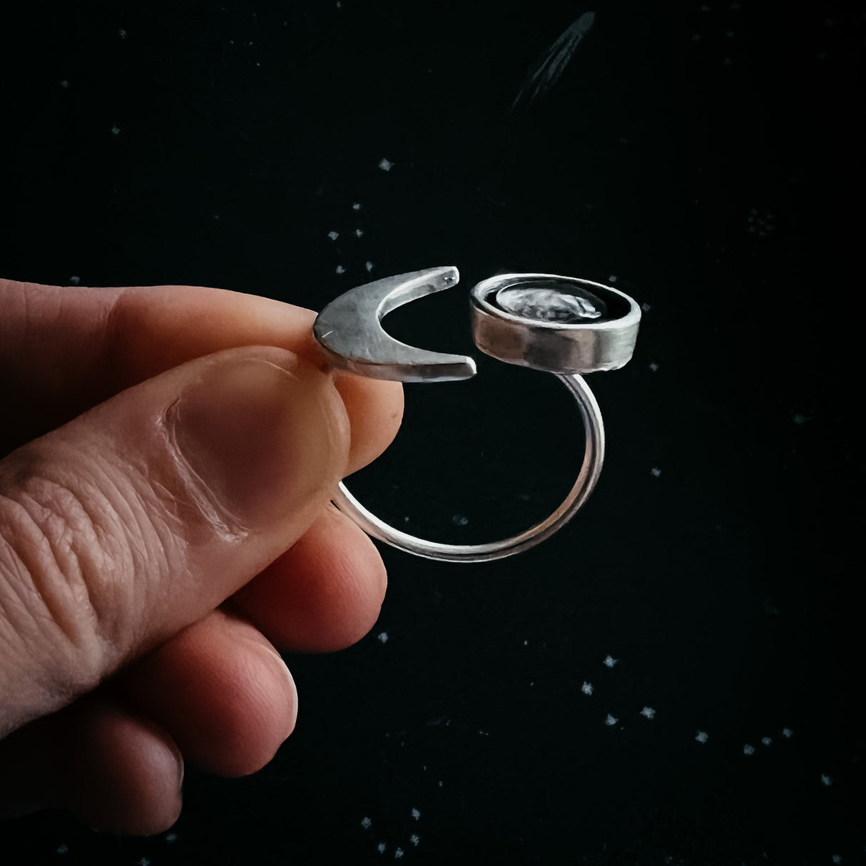 Crescent Moon Wrap Ring with Authentic Meteorite by Yugen Handmade