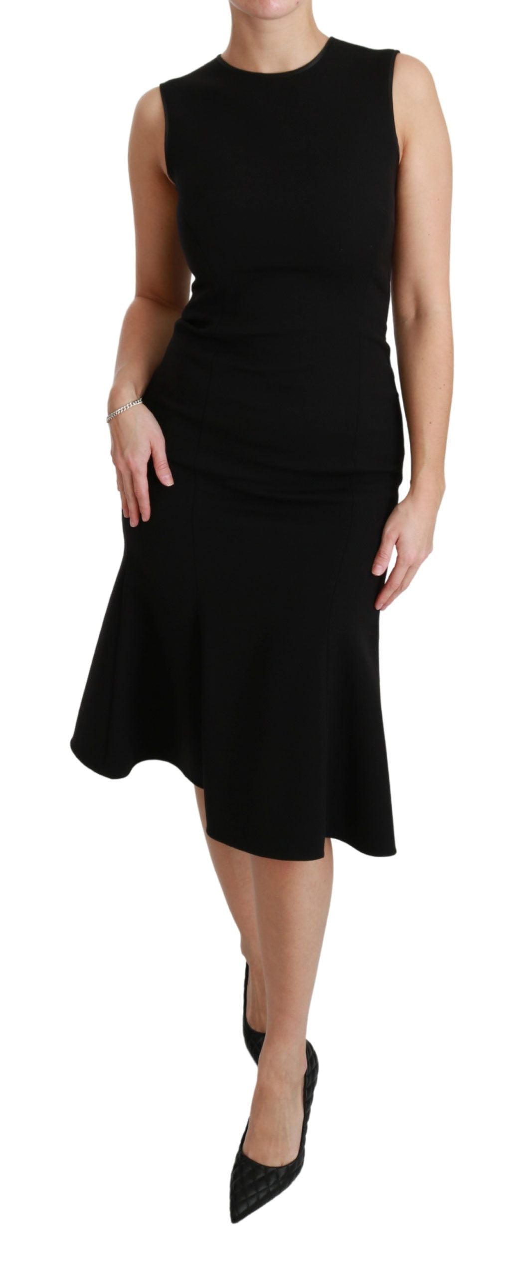 Black Fit Flare Wool Stretch Sheath Dress by Faz