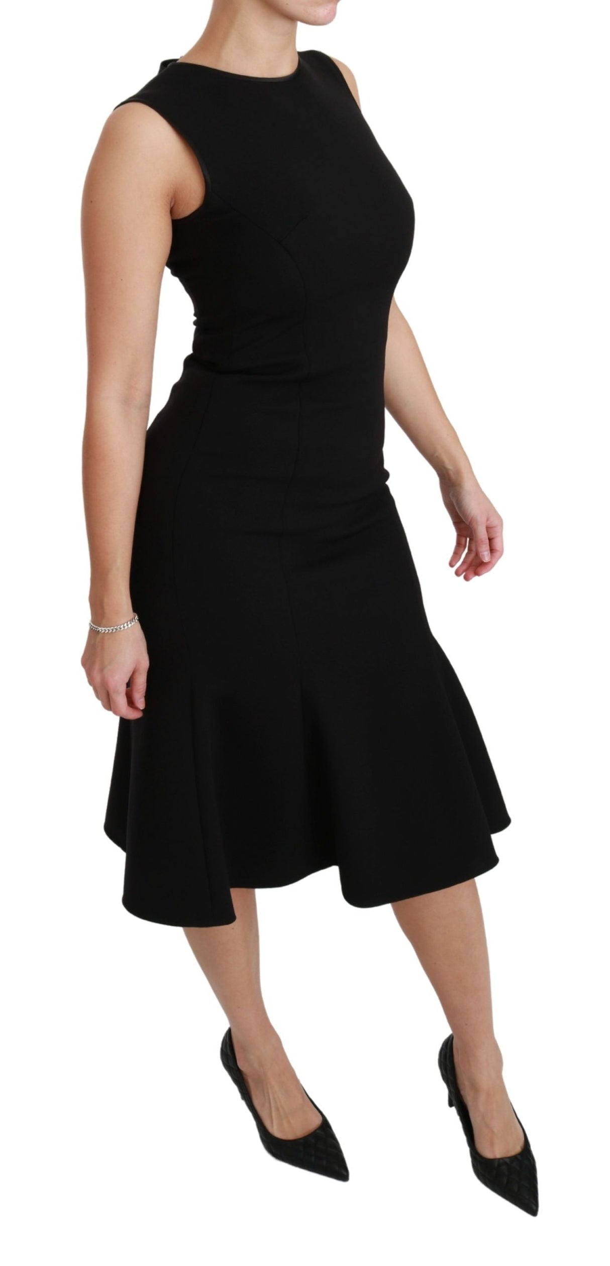 Black Fit Flare Wool Stretch Sheath Dress by Faz