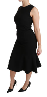 Black Fit Flare Wool Stretch Sheath Dress by Faz